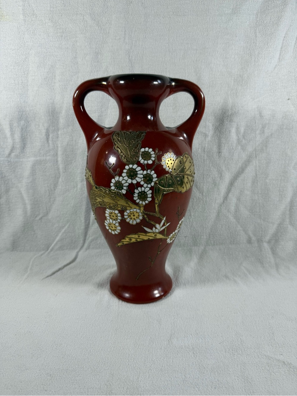 Vintage Japanese Hand-Painted Red, Gold, White Floral Leaf Ceramic 12” Vase